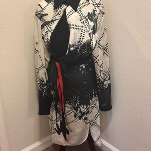 Preen by Thornton Bregazzi Red Black Art Deco Silk Wrap Dress 8 M $1700+